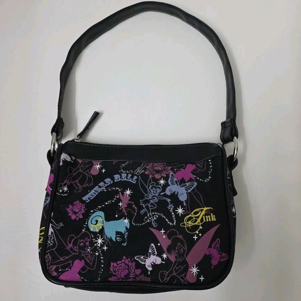 Y2K Vintage Disney Tinker Bell “Tink” Fairy Print Black Small Shoulder Bag Purse - Picture 6 of 12
